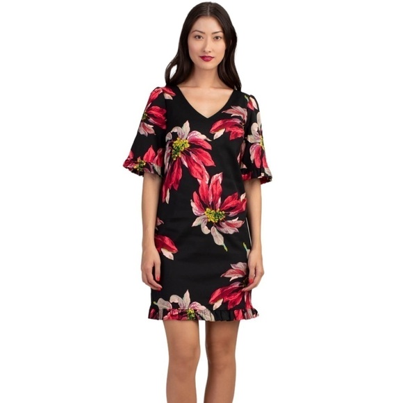 Trina Turk Lounge Festive Floral Faille Ruffled Hem Shift Dress Poinsett…